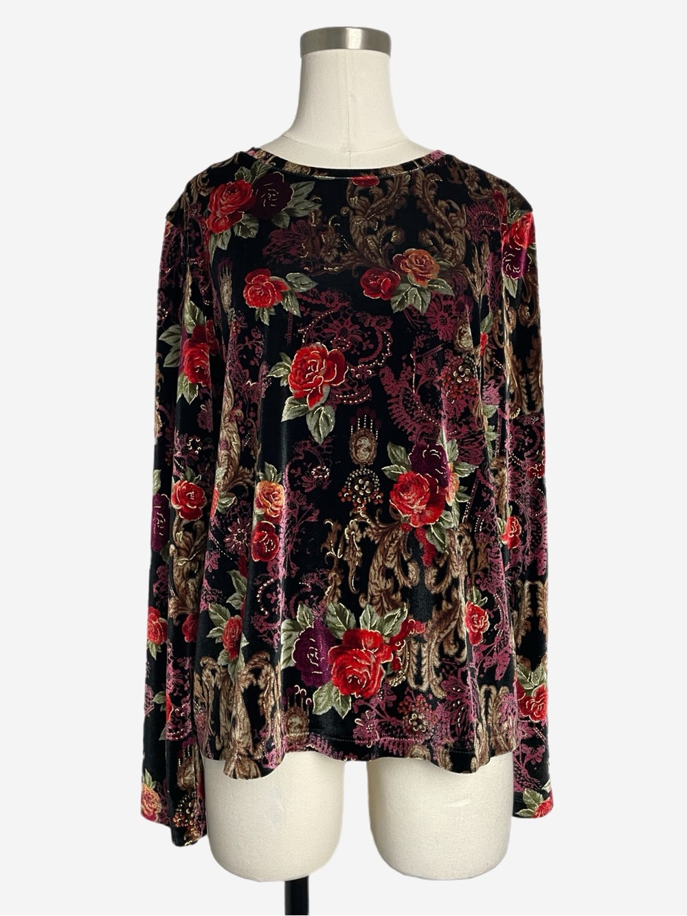Vintage Y2K Dressbarn black velvet floral baroque metallic top whimsigoth M